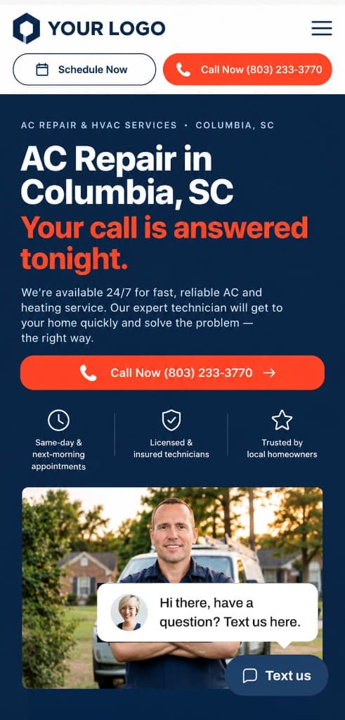 Customer website dummy on iPhone: AC repair in Columbia, SC
